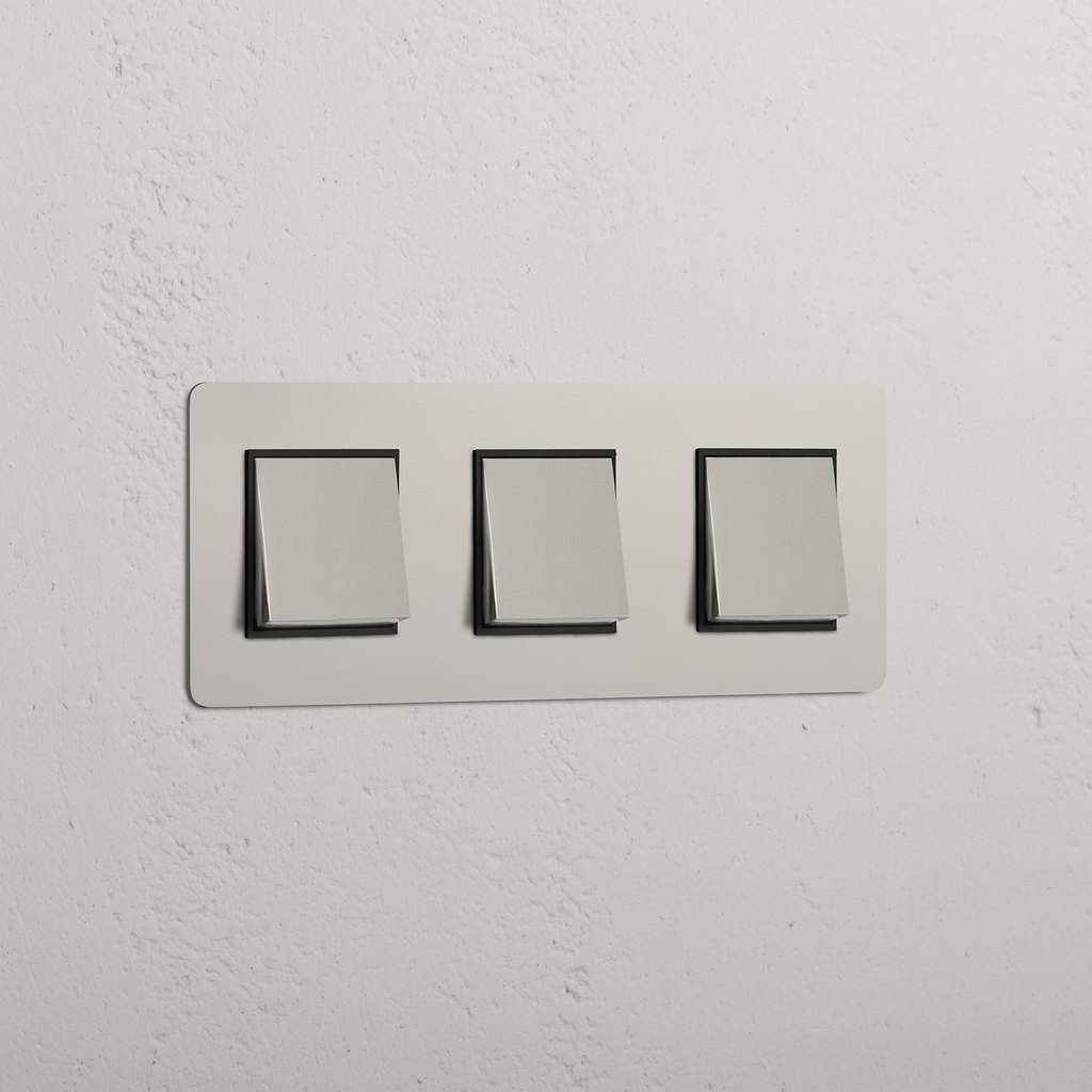 High Capacity Light Control Switch: Polished Nickel Black Triple 3x Rocker Switch