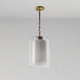 Eine moderne Pendelleuchte aus Glas, innen gerippt in Weiß, mit goldener Kette zum Aufhängen.