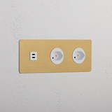 USB-C-Anschluss (30 W) 1x + Schweizer Steckdoseneinsatz (Typ J) 2x rund in Dreifachrahmen – Antikes Messing + Weiss