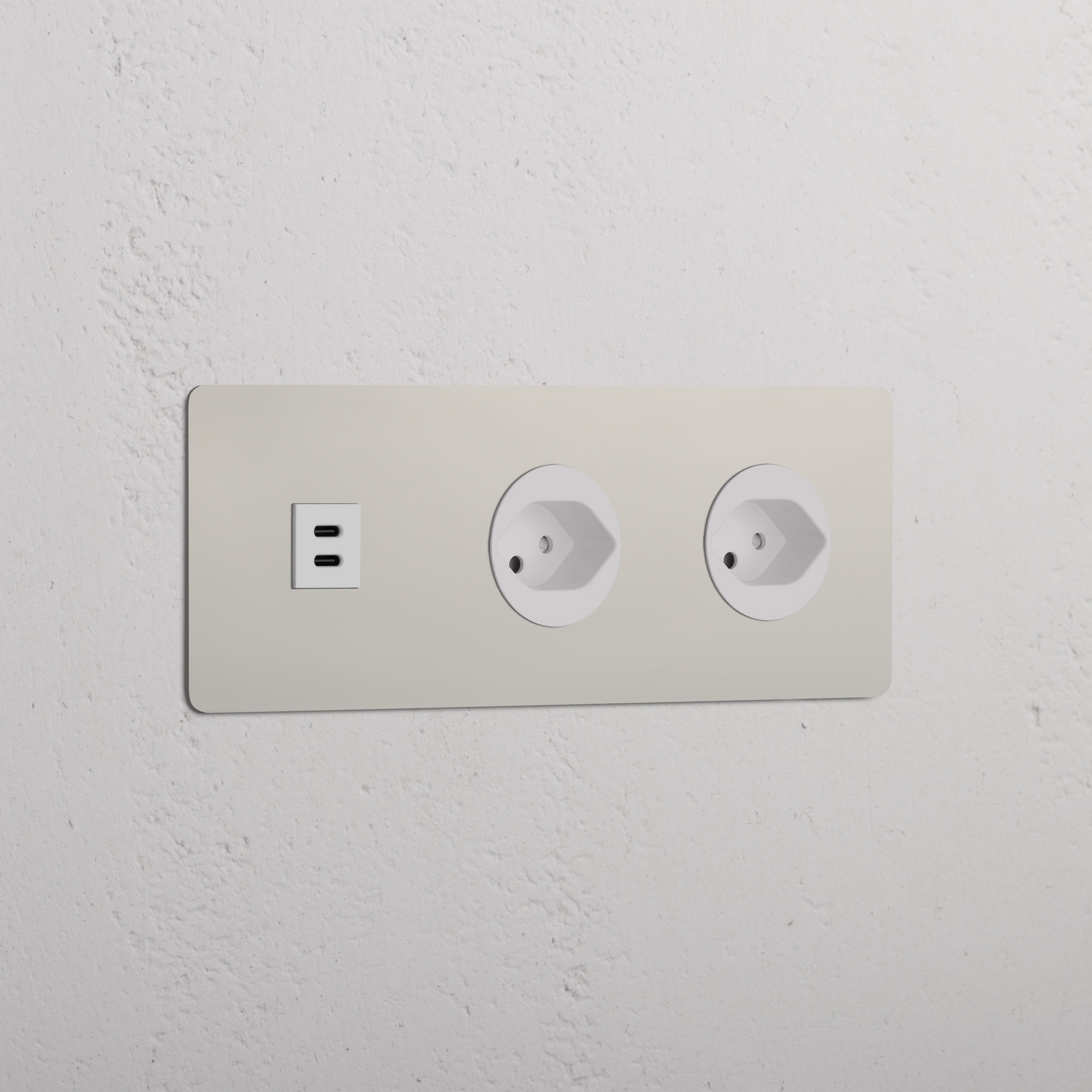 USB-C-Anschluss (30 W) 1x + Schweizer Steckdoseneinsatz (Typ J) 2x rund in Dreifachrahmen – Poliertes Nickel + Weiss