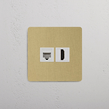 RJ45- & HDMI Anschluss 1x in Einfachrahmen – Antikes Messing + Weiß – Perfekt für modernes Zuhauses – auf weißem Hintergrund