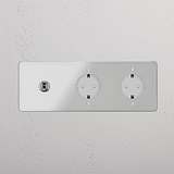 Kipphebel & SchuKo-Modul 2x im runden 3-fach Rahmen mit Steckdosen, Nickel poliert und Weiß lackiert.