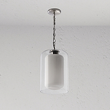 Moderne Leuchte mit klarem Glasschirm und geripptem weißen Innenzylinder.