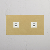Zweifaches USB-Modul – Antikes Messing + Weiß – 2 Anschlüsse – auf weißem Hintergrund