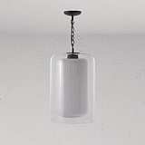 Pendelleuchte aus geriffeltem Glas mit schwarzer Kette, passend für moderne Innenräume.