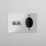 Kipphebel 2x & SchuKo-Modul in Zweifachrahmen rund – Durchsichtig Poliertes Nickel + Schwarz 