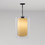 Moderne Pendelleuchte mit geriffeltem Glasschirm und elegantem Design für stimmungsvolles Licht.