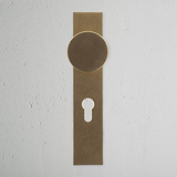 Pomo para puertas Onslow con placa larga (con muelle) y cerradura europea - Latón antiguo