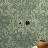 Interruptor de palanca redondo y enchufe Schuko (bronce, transparente, inserto negro) sobre papel pintado floral vintage.