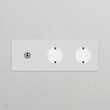 Panel de pared de triple marco: interruptor de palanca redondo, dos tomas Schuko tipo F, acabado níquel pulido pintable.
