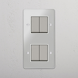 Interruptor doble de balancín en níquel pulido y traslúcido con blanco en diseño vertical con cuatro posiciones - Sistema de control avanzado de la iluminación, sobre fondo blanco