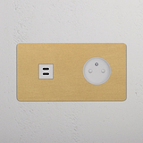 Plaque double en laiton antique avec port USB-C 30 W et prise d'alimentation de type E, dotée d'un insert blanc.