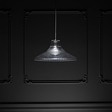 Suspension Hammersmith Grand Format en Nickel Poli avec un abat-jour en verre nervuré, élégamment suspendue contre un mur sombre.