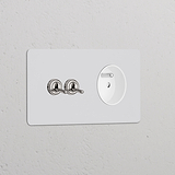 Interrupteur VV à Levier x2 & Prise de Courant Ronde Type E (Plaque Double) - Nickel Poli Peignable Insert Blanc