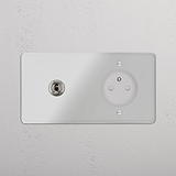 'Interrupteur VV à Levier & Prise Type E - Plaque Double Transparent/Nickel Poli (Insert Blanc).'