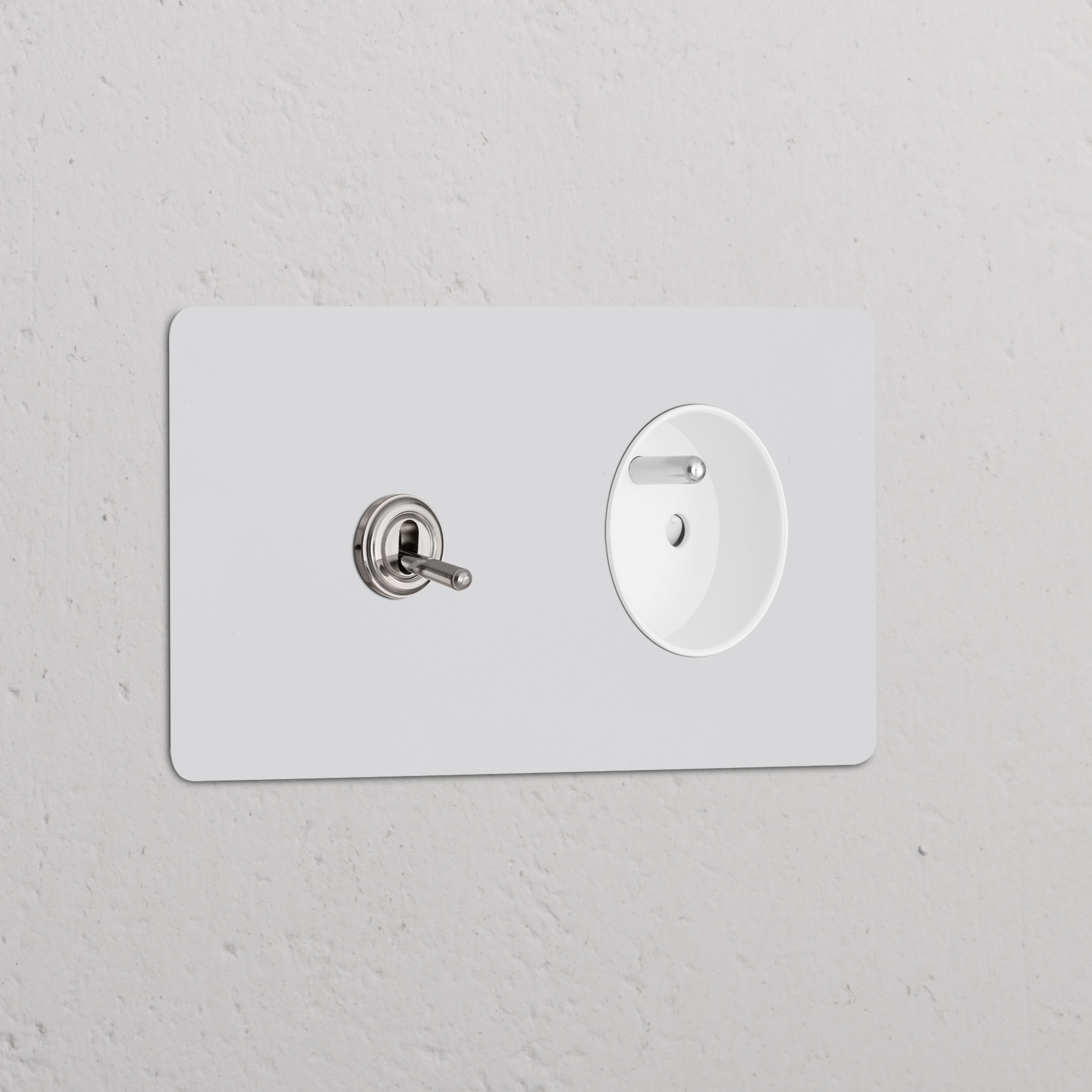 Interrupteur VV à levier & douille ronde Type E en nickel poli sur double plaque, avec insert blanc peignable.