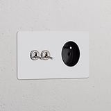 Interrupteur VV à Levier x2 & Prise de Courant Type E en nickel avec insert noir, élégante plaque murale double.