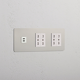 Modulo Triplo USB 30W & 4x Bipasso in Nichel Lucido Bianco, Triple Prese & Moduli su pannello bianco.