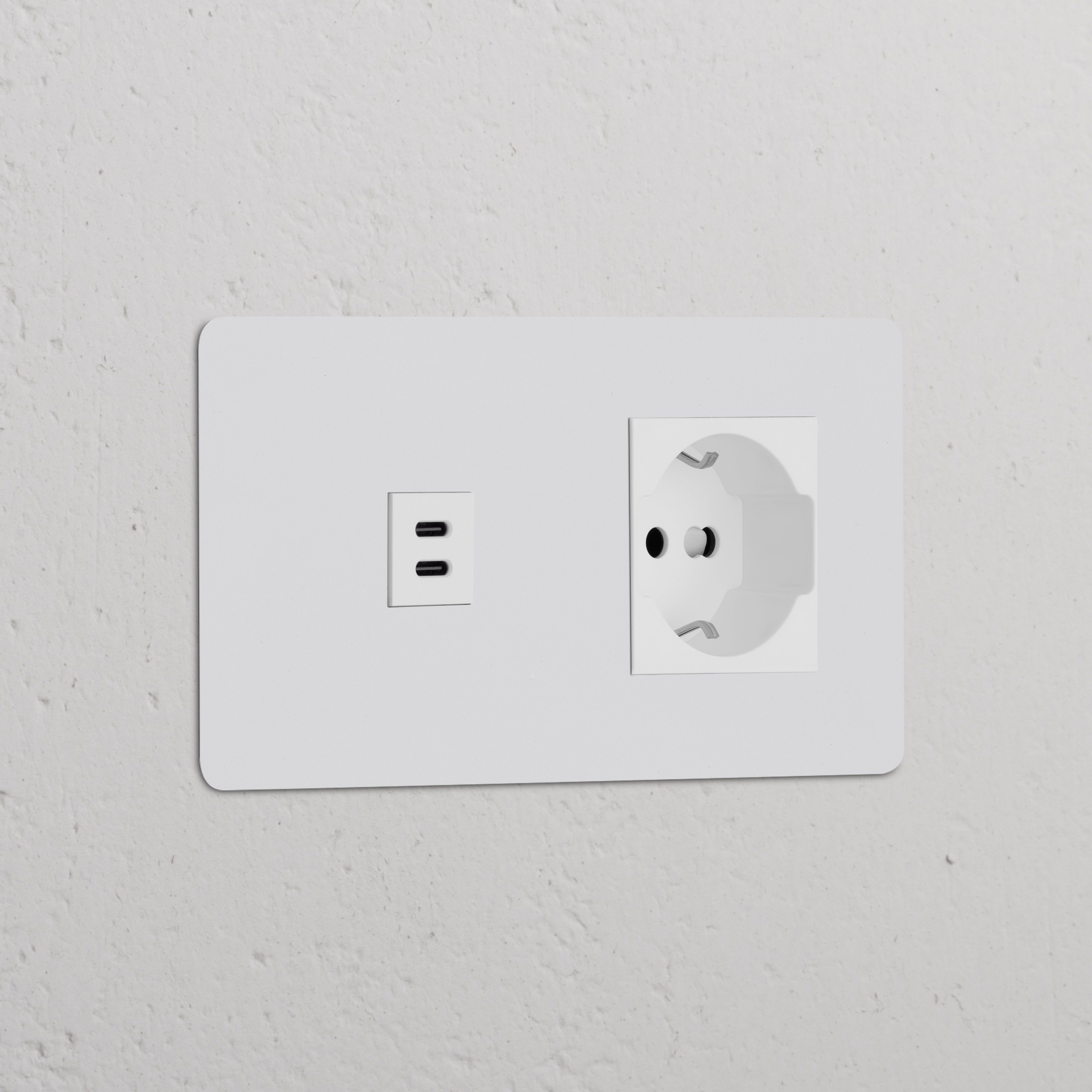Presa elettrica doppia (Pitturabile Bianco) con uscita Schuko/Bipasso e modulo USB da 30W, ideale per uso domestico.