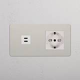 Modulo Doppio USB 30W e modulo prese Schuko/Bipasso in Nichel Lucido Bianco per ricariche e connessioni efficienti.