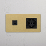 Elegante modulo doppio USB Ottone Antico Nero con presa Schuko/Bipasso, potenza 30W per una connettività versatile.