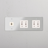 Tripla Presa con Modulo Triplo USB 30W e 4x Bipasso su superficie Trasparente Bianco, tre prese e porta USB.