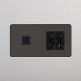 Bronzo Nero Modulo Doppio USB 30W e 2x Bipasso, una presa doppia con porte USB per una connettività efficiente.