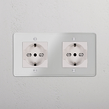 Modulo Doppio 2x Schuko/Bipasso, presa doppia a parete con copertura Trasparente Bianco.