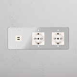 Prese e Moduli Tripli con Modulo Triplo USB 30W e due prese Schuko/Bipasso in Trasparente Bianco.