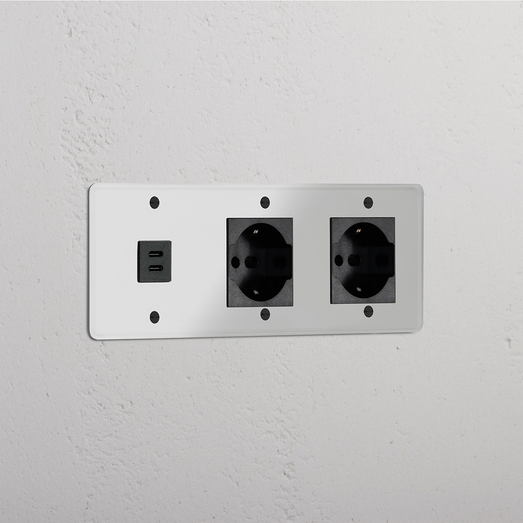 Modulo Triplo USB 30W & 2x Schuko/Bipasso in Nero Trasparente
