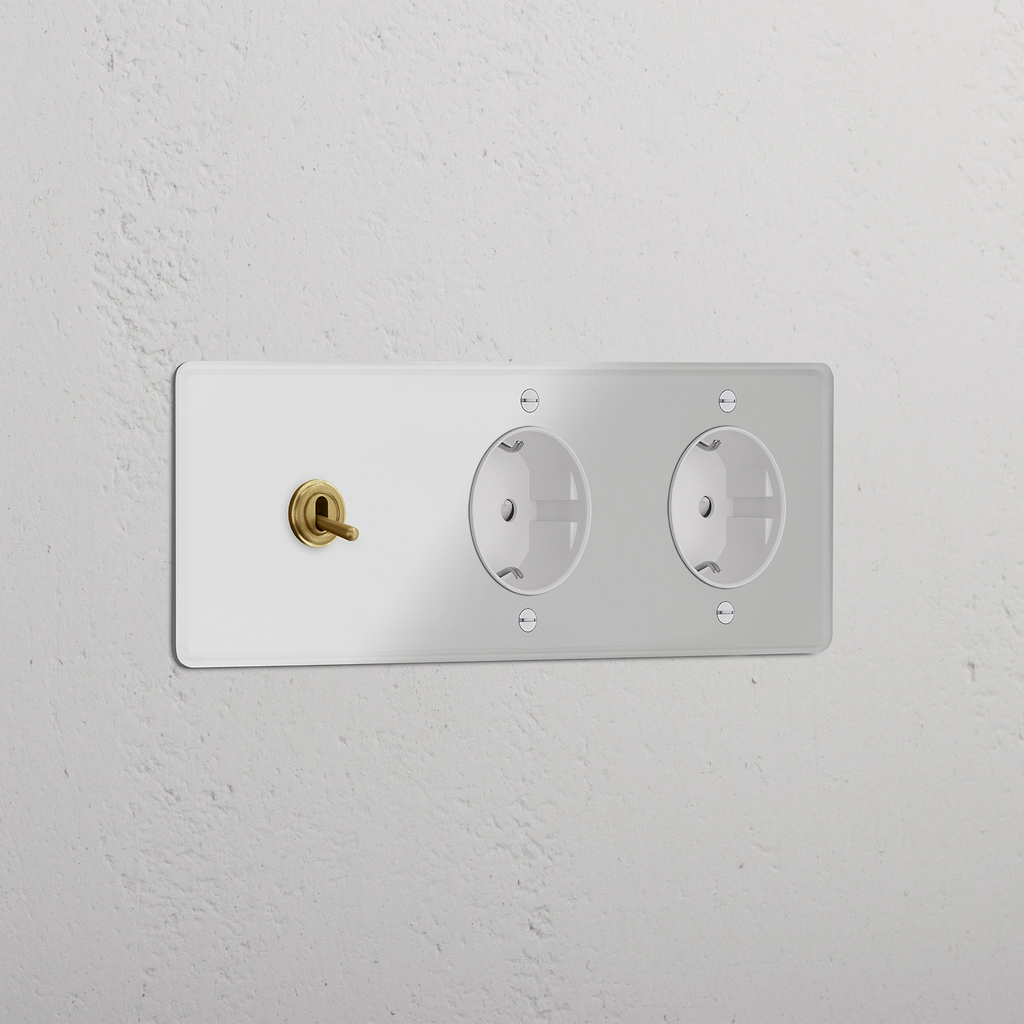 Triplo Modulo Levetta & 2x Schuko Tondo - Trasparente Ottone Antico Bianco