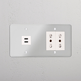 Modulo Doppio USB 30W & 2x Bipasso in Trasparente Bianco: doppie porte USB e due prese bipasso.