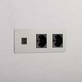 Modulo Triplo USB 30W & 2x Schuko/Bipasso in Nichel Lucido Nero