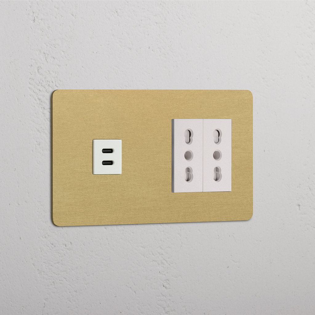 Quadro elettrico beige con finitura Ottone Antico Bianco, dotato di Modulo Doppio USB 30W e 2 prese Bipasso.
