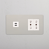 Modulo da parete Nichel Lucido Bianchi con doppia USB da 30 W, due prese elettriche e compatibilità 2x Bipasso.