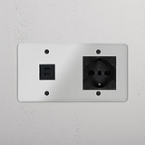Modulo da parete nero trasparente con doppia porta USB e presa Schuko/Bipasso, design Modulo Doppio USB 30W.