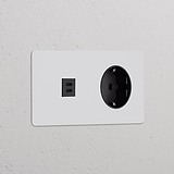 Módulo de alimentação redondo duplo USB 30 W e Schuko Tipo F, pintável em preto, para tomadas e módulos duplos.