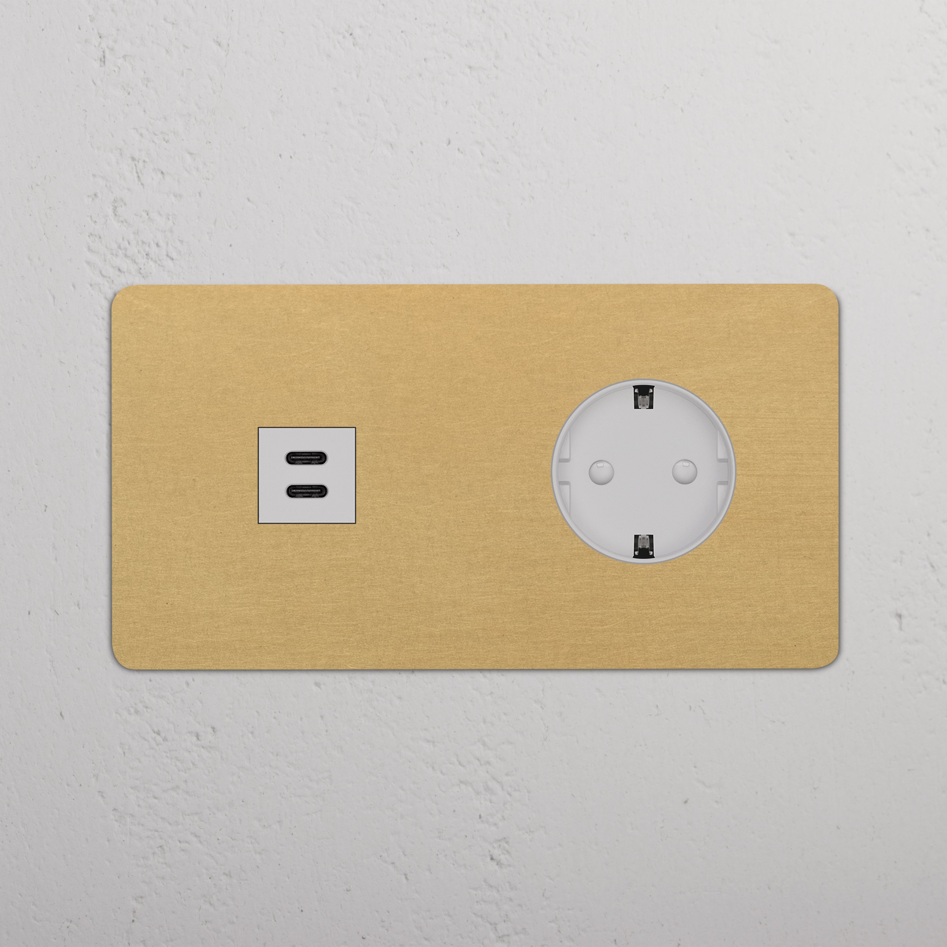 Módulo USB 30 W e Schuko duplo redondo em latim antigo branco, para tomadas e módulos duplos.