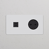 Tomada dupla redonda com dois USB 30W e Schuko Tipo F – Pintável Preto.