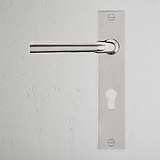 Apsley Long Plate Sprung Door Handle & Euro Lock Polished Nickel Finish on White Background right Facing Front View