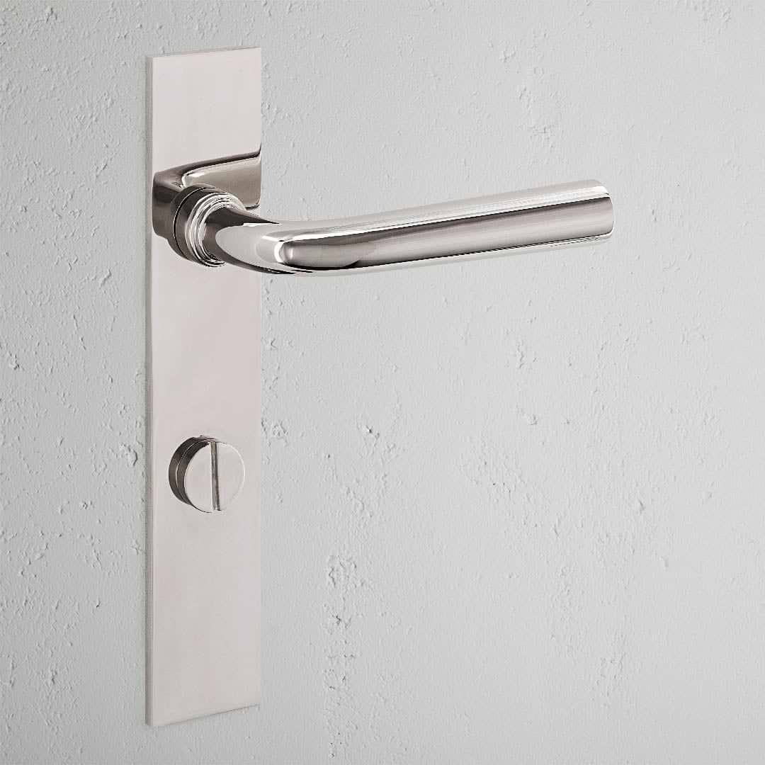 Apsley Long Plate Sprung Door Handle & Thumbturn Polished Nickel Finish on White Background 