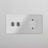 Double 2x Toggle & Schuko Module Round - Clear Polished Nickel White