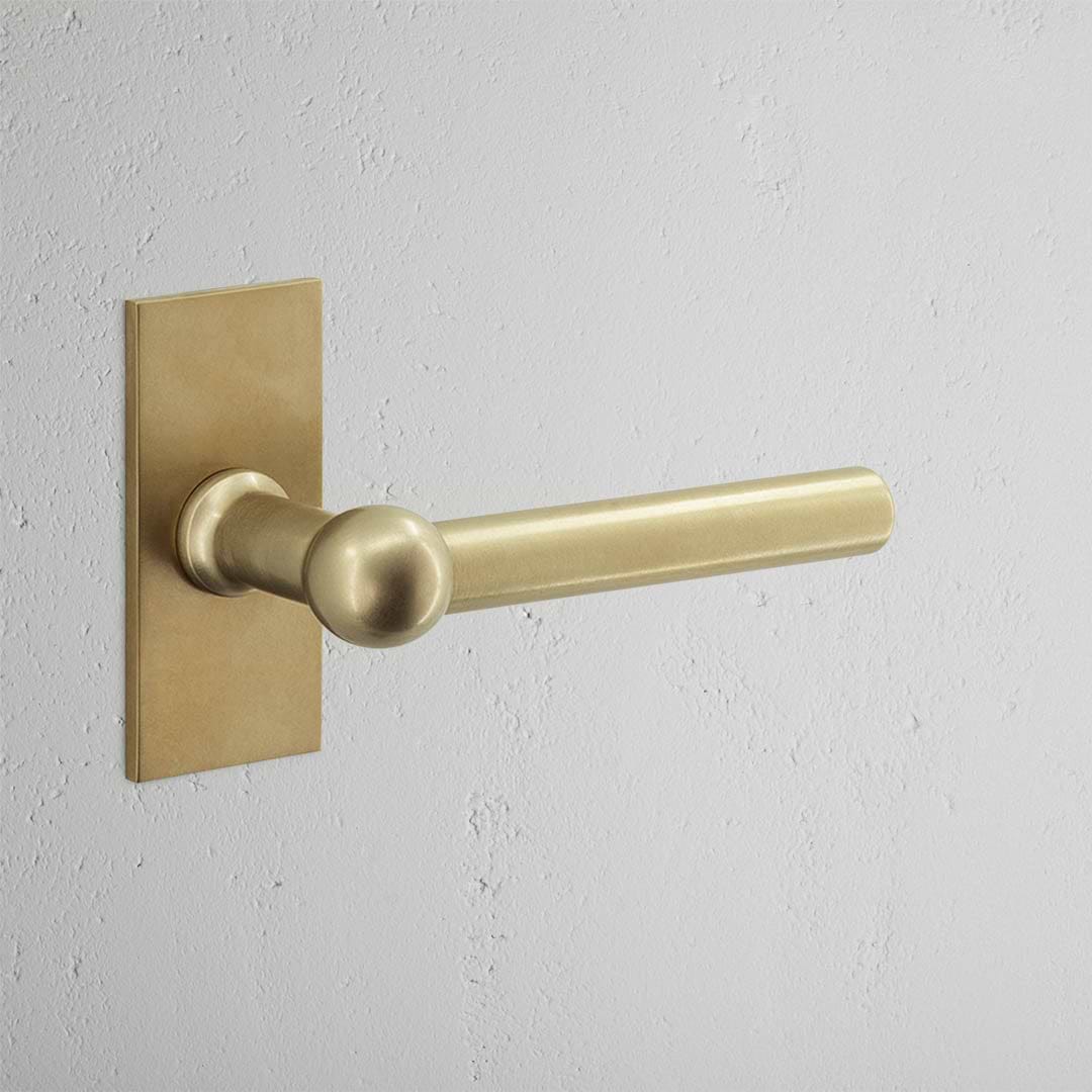 Harper Short Plate Sprung Door Handle Antique Brass Finish on White Background