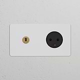 Black double toggle switch and Danish Type K power module on paintable antique brass plate for double sockets & modules.