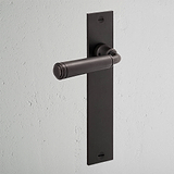 Digby Long Plate Sprung Door Handle Bronze Finish on White Background at an Angle