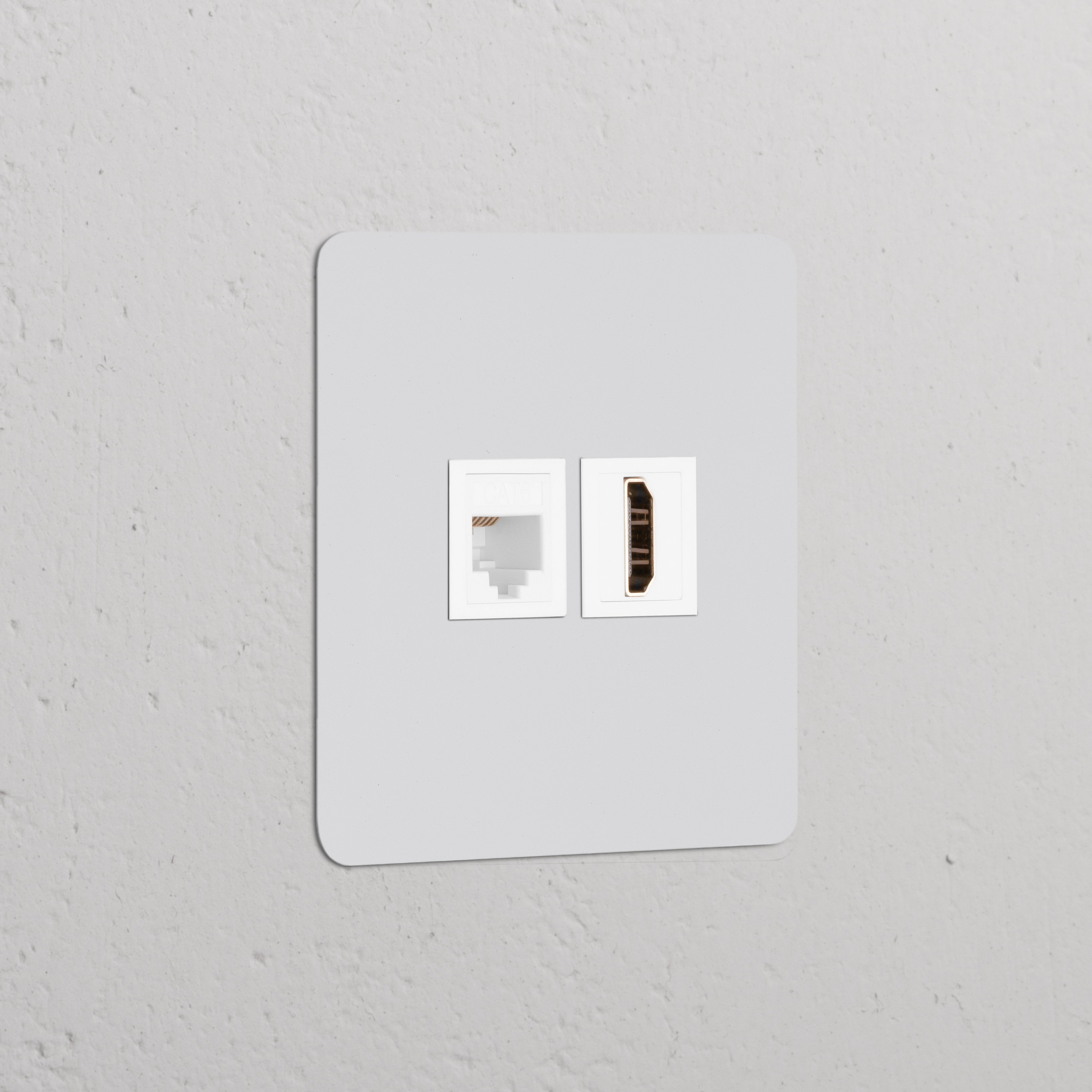 Paintable white plate with a single RJ45 & HDMI module for Ethernet and HDMI connectivity in sockets and modules.