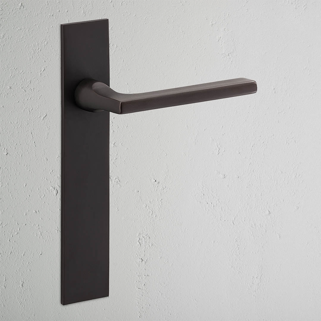 Clayton Long Plate Sprung Door Handle Bronze Finish on White Background