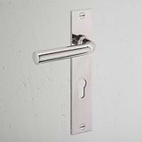 Apsley Long Plate Sprung Door Handle & Euro Lock Polished Nickel Finish on White Background at an Angle