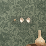 Clear antique brass white triple toggle and dual French module socket set on art deco wallpaper backdrop.