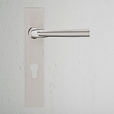 Apsley Long Plate Sprung Door Handle & Euro Lock Polished Nickel Finish on White Background Front Facing